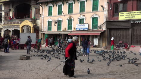 Kathmandu,-Nepal---16.-November-2019:-Menschen,-Die-Durch-Die-Große-Taubenschar-An-Einem-Buddhistischen-Tempel-Laufen