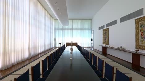 high-angle-of-dining-table-inside-the-Banquet-Hall-of-Alvorada-Palace,-belonging-to-the-Brazil's-president-official-house