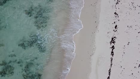 Aerial-drone-looking-straight-down-on-crystal-clear-tropical-Caribbean-sea-crashing-on-a-white-sand-beach-in-the-east-side-of-Cozumel-Island,-Mexico