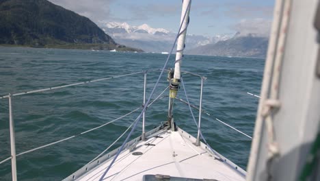 Sailing-Boat-Bow-With-Amazing-Alaskan-Coastline-in-Background-POV-Slow-Motion