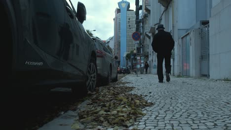 Low-angle-shot-pile-dry-leaves-on-sidewalk-view-old-person-walking,-Lisbon