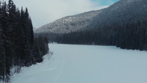 Luftaufnahme-Eines-Zugefrorenen-Sees,-Umgeben-Von-Einem-Kiefernwald-Und-Bergen-An-Einem-Bewölkten-Wintertag,-British-Columbia,-Kanada