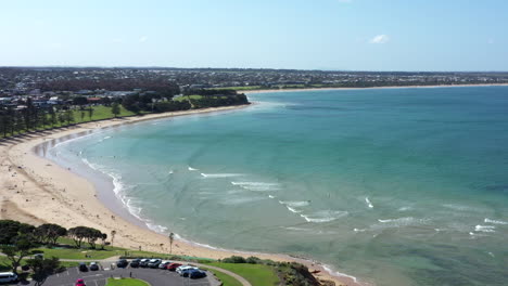 AERIAL-Over-Front-Beach,-Torquay-Australia-On-A-Sunny-Day