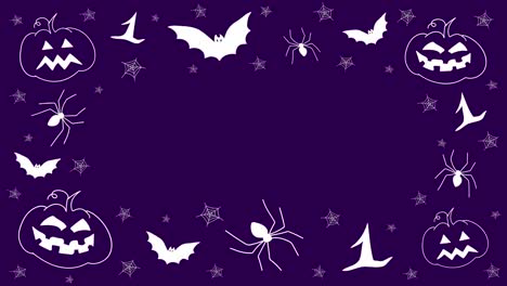 Halloween-Handgezeichnete-Kritzeleien-Stop-Motion-Animation,-Mit-Kürbissen,-Spinnen-Und-Fledermäusen,-Auf-Violettem-Hintergrund