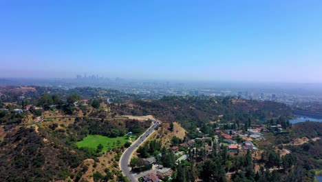 Aerial-shot-panning-left-on-the-LA-skyline-in-Southern-California-just-outside-of-Los-Angeles-Ca