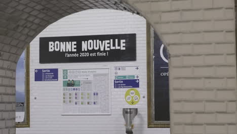 paris,France---December,31th-2020-:-"Bonne-Nouvelle"witch-means-"Good-news"-metro-station-sign-hijacked