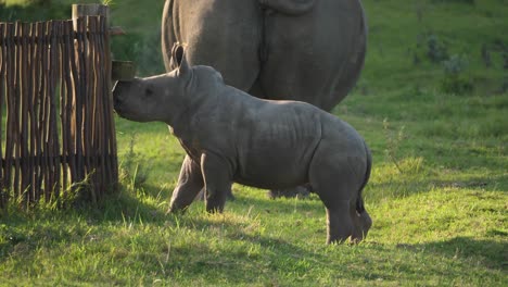 Un-Rinoceronte-Blanco-Bebé-Inspecciona-Una-Valla-Antes-De-Correr-Hacia-Su-Madre,-Foto-De-Perfil