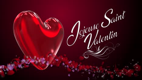 High-quality-seasonal-motion-graphic-celebrating-St-Valentine's-Day,-with-deep-red-color-scheme,-and-flowings-stream-of-small-hearts---French-message-reads-"Joyeuse-Saint-Valentin