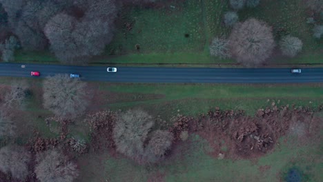 Folgende-Luftaufnahme-Einer-Drohne-Von-Oben-Nach-Unten-Zeigt-Autos-Und-Fahrräder-Auf-Der-Hauptstraße-Im-Richmond-Park-In-London