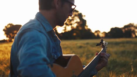 Musician-playing-guitar-in-field