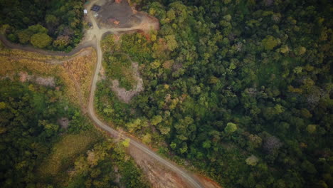 Cinematic-drone-shot-over-a-large-winding-dirt-road-in-a-tropical-forest