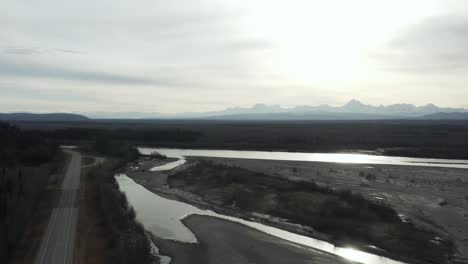 Aerial-view-of-Alaskan-Road-and-river