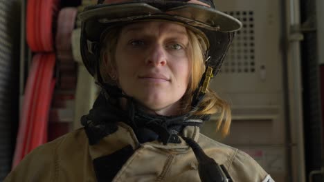 Woman-firefighter-in-protective-helmet-and-firefighting-coat-looks-at-camera