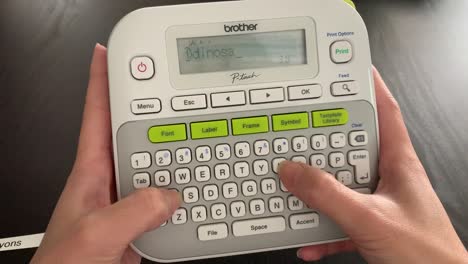 Hand-typing-"dinosaur-toys"-on-a-small-portable-label-maker-to-help-organize-the-toys-in-the-children's-room