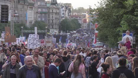 Wenceslas-Square-full-of-people-during-demonstration,-Prague,-Czech-Republic