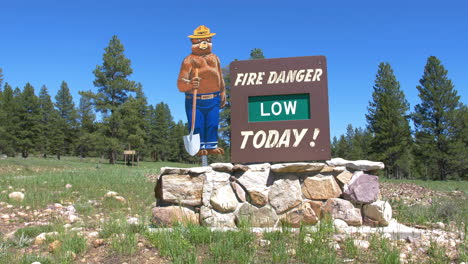 A-fire-danger-danger-in-the-Wasatch-Forest-outside-of-Kamas,-Utah-that-states-there's-low-danger