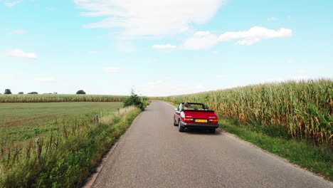 A-Red-Open-Top-Luxury-Car-Driving-On-The-Long-Rural-Road-Between-Lush-Fields-In-A-Village-In-Netherlands-On-A-Bright-Weather---rolling-shot