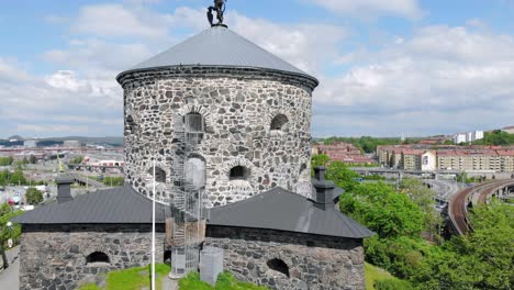 Drone-view-the-historic-fortress-Skansen-Lejonet-and-the-Lion-statue-Gothenburg