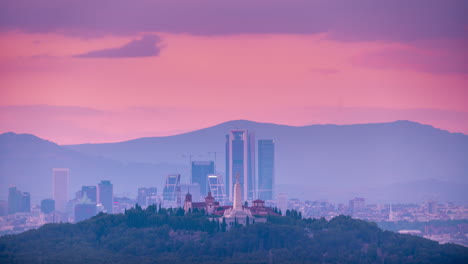 Zeitraffer-Der-Skyline-Von-Madrid-Aus-Der-Ferne-Bei-Sonnenuntergang