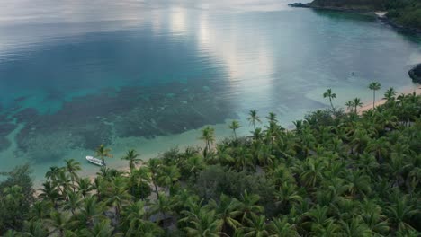 Agua-Azul-Cristalina-Rodeada-De-Palmeras-Tropicales-En-La-Isla-De-Fiji---Drone-Aéreo