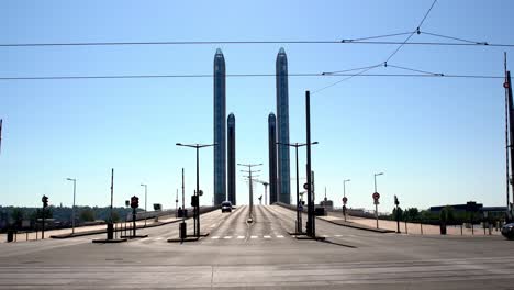 Nearly-empty-tolls-at-Jacques-Chaban-Delmas-Bridge-in-Bordeaux-France-during-the-COVID-19-pandemic,-Locked-center-shot