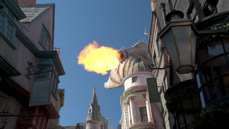Handheld-shot-of-dragon-blowing-fire-in-the-Wizarding-World-of-Harry-Potter-Diagon-Alley---Universal-Studios