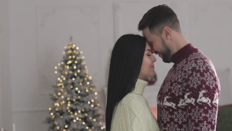 Romantic-couple-talking-together-while-standing-in-front-of-each-on-Christmas-at-home