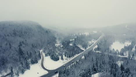 Foggy-Winter-Landscape---Drone-Flying-4K---Mountains---Trees,-rivers,-snowy---Cinematic-trees