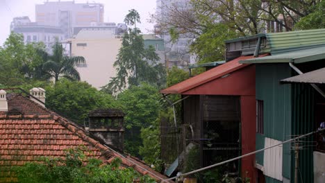 Haus--Und-Gebäudedächer-Zwischen-Bäumen-In-Hanoi,-Vietnam,-An-Einem-Bewölkten,-Feuchten-Tag,-Verschlossene-Aufnahme