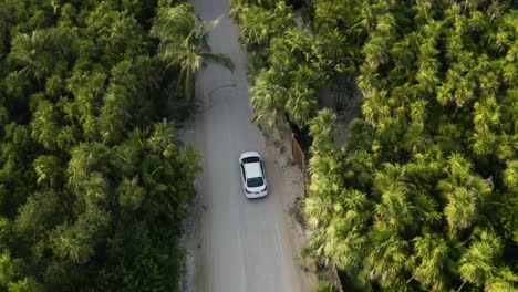 Aerial-following-a-white-car-on-a-beautiful-street-next-to-the-beach,-Mexico