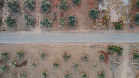 aerial-drone-shot-looking-down-of-car-traversing-farm-road-in-Malaga,-Spain