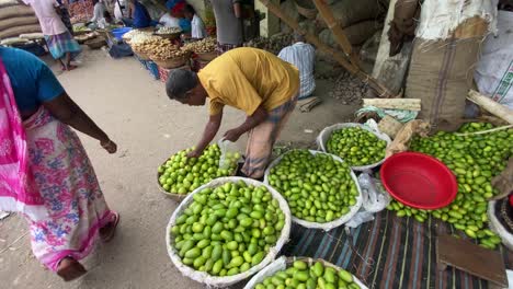 Hombre-Trabajador-Embolsa-Mango-Silvestre-En-Calles-Concurridas-De-India