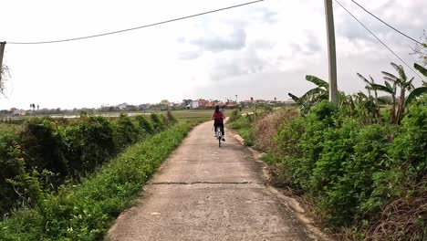 Following-a-woman-riding-a-bike-through-rice-fields-in-Hoi-An,-Vietnam