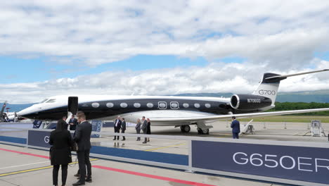 Private-aviation-convention,-Gulfstream-G700-corporate-jet-shown-at-airport