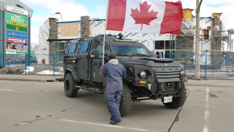 Armored-Police-Vehicle-Parked-At-The-Road-Corner-In-Windsor,-Canada,-Monitoring-Truckers-Convoy-Protest