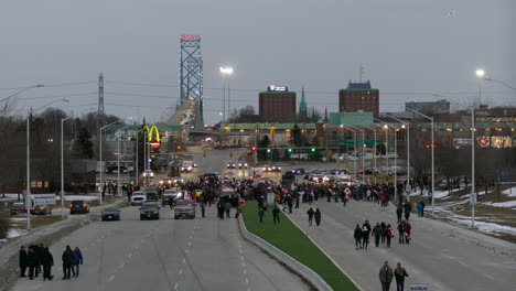 Time-Lapse,-Freedom-Convoy-Streets-Blockade-in-Windsor,-Ontario-Canada,-People-and-Vehicles-in-Twilight