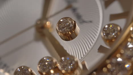 Pure-sparkling-diamonds-floating-inside-expensive-Chopard-watch-face,-close-up