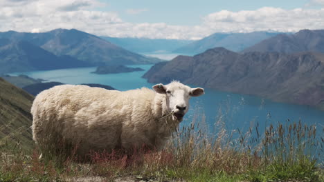Ovejas-De-Montaña-De-Nueva-Zelanda-Pastando-Con-Un-Paisaje-Natural-Increíble