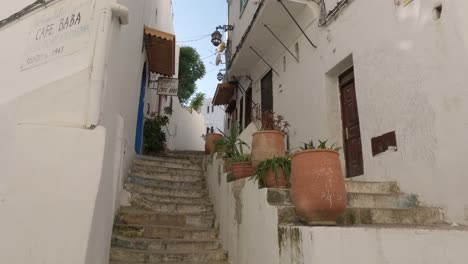 View-Looking-Up-Stairs-With-Large-Ceramic-Planters-Outside-Entrances-In-Tangier,-Morocco