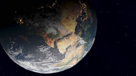 Saudi-Arabia-and-Africa-from-space-on-rotating-globe,-3D-render-in-vertical