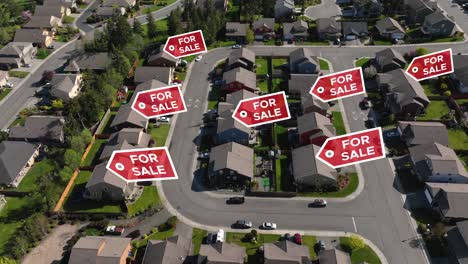 Drone-shot-of-FOR-SALE-signs-popping-up-on-homes-in-a-popular-neighborhood