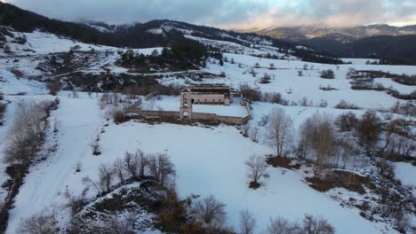 Beautiful-medieval-church-of-Saint-Ilia-near-Voskopoja-village-in-Albania,-winter-landscape,-religion-temple