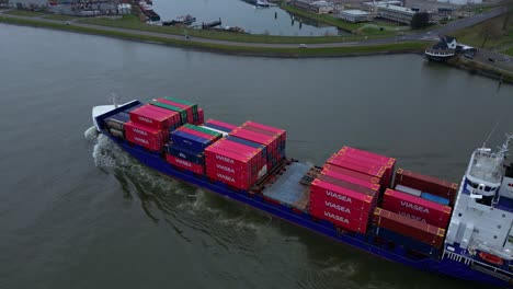 Aerial-Flying-Overhead-Energy-Cargo-Ship-Carrying-Viasea-Intermodal-Containers-Passing-Along-Oude-Maas