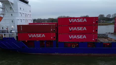 Aerial-Dolly-Towards-Viasea-Intermodal-Containers-Being-Transported-On-Ship-Near-Dordrecht