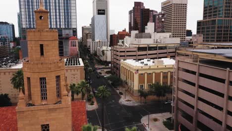 Drone-shot-of-downtown-Phoenix-Arizona-after-a-rain-storm-passed-over-the-city