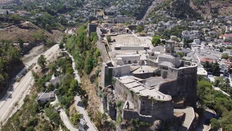 Drone-view-of-the-castle-of-Gjirokastër-in-Albania,-world-heritage-site,-Albania