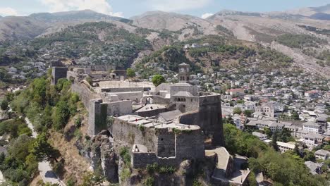 Aerial-view-of-the-castle-of-Gjirokastër-in-Albania,-world-heritage-site,-Albania