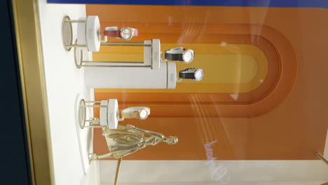 Vertikale-Reihe-Luxuriöser-Piaget-Uhren,-Angeordnet-Im-Schaufenster-Der-Barcelona-Armbanduhr-Boutique