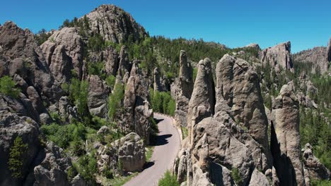 Aerial-View-of-The-Needles-Rock-Formation-in-Custer-State-Park,-South-Dakota-USA-and-Road-on-This-Scenic-Route