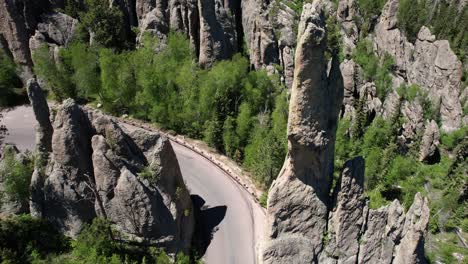 Aerial-View-of-The-Needles,-Rock-Formations-and-Road-in-Black-Hills,-Custer-State-Park,-South-Dakota-USA